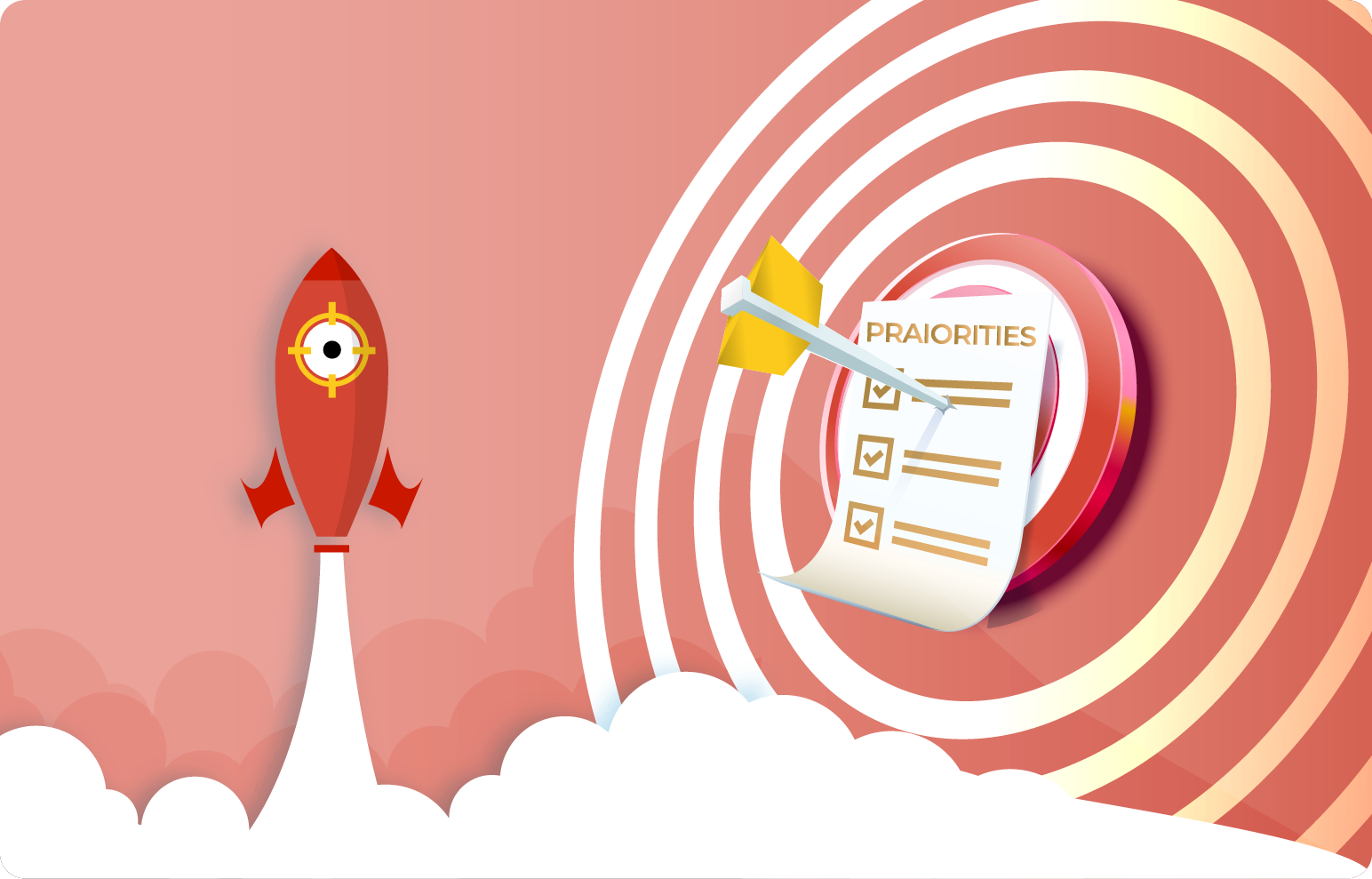 A stylized rocket hitting the center of a target, symbolizing precision and goal achievement